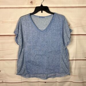 New Collection Top Womens OS Blue Linen Blouse V-Neck Dolman Sleeve Woven Knit